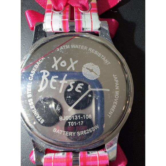 Betsey Johnson watch with a fuchsia plaid strap and crystal-accented bezel main image 6